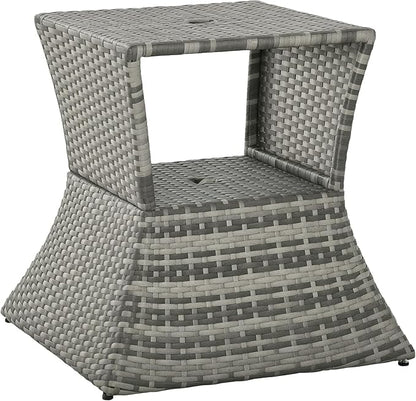 Outsunny Outdoor Side Table with Umbrella Hole, 2 Tier Rattan Wicker End Table with Storage Shelf, All Weather for Outdoor, Patio, Garden, Backyard, Mixed Gray