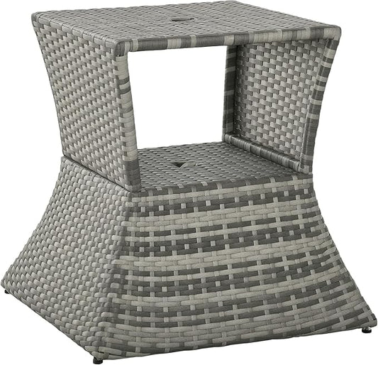 Outsunny Outdoor Side Table with Umbrella Hole, 2 Tier Rattan Wicker End Table with Storage Shelf, All Weather for Outdoor, Patio, Garden, Backyard, Mixed Gray