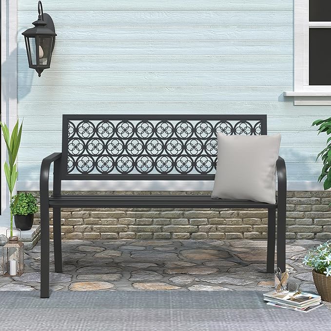 Black Outdoor Bench, Metal Weatherproof Garden Bench Cast Iron Heavy-Duty Patio Bench with Decorative Backrest for Proch Park 880lb Capacity