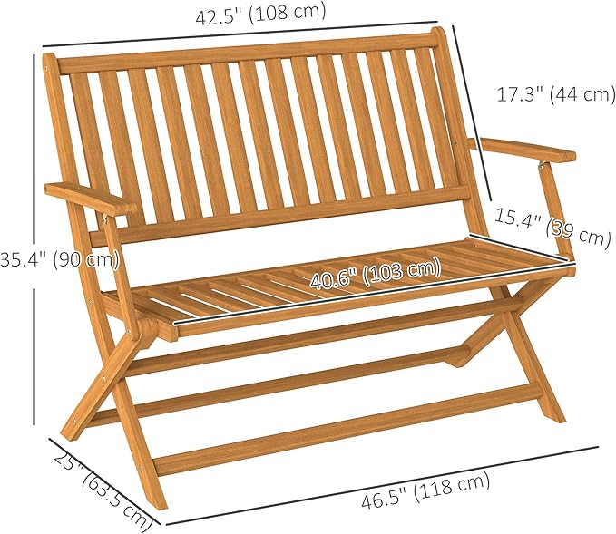 Outsunny Wood Outdoor Bench, 2-Person Foldable Patio Acacia Wood Garden Bench with Backrest and Armrests for Garden, Porch, Park, Balcony, Teak