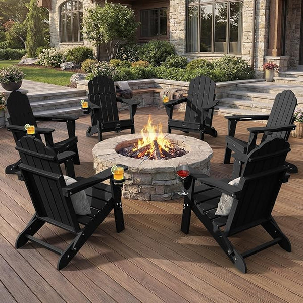 Adirondack Chairs Set of 6, Fire Pit Chairs, Wood Texture Patio Chairs with 2 Cup Holder, Outdoor Lawn Chair, Black - Photo 1