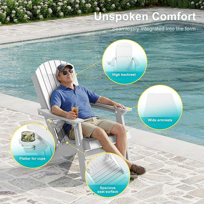 HDPE Foldable Adirondack Outdoor Chair Set of 2 with Cup Holder, Weather Resistant Heavy-Duty Patio Chair for Patio, Backyard, Deck, Fire Pit, Lawn and Porch, White