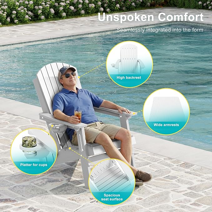 HDPE Foldable Adirondack Outdoor Chair Set of 4 with Cup Holder, Weather Resistant Heavy-Duty Patio Chair for Patio, Backyard, Deck, Fire Pit, Lawn and Porch, White