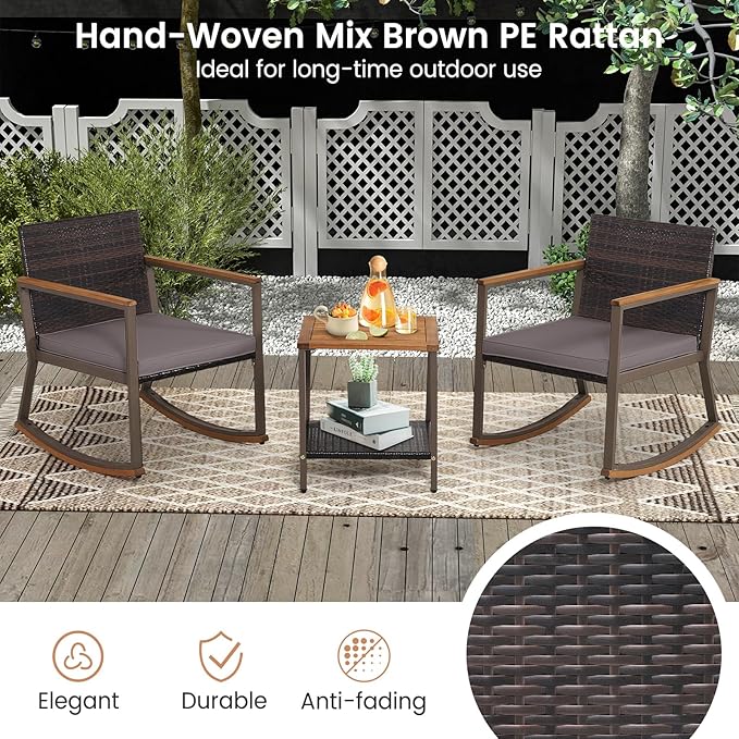 HAPPYGRILL 3-Piece PE Rattan Outdoor Rocking Chair Set with Coffee Table, Gentle & Smooth Rocking, Soft Seat Cushions, Ergonomic Design, Relaxing & Dining Conversation Set