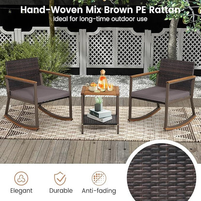 HAPPYGRILL 3-Piece PE Rattan Outdoor Rocking Chair Set with Coffee Table, Gentle & Smooth Rocking, Soft Seat Cushions, Ergonomic Design, Relaxing & Dining Conversation Set