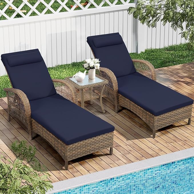 3 Piece Patio Chaise Lounge Set, Outdoor Patio Furniture Modern Lounge Chairs Set of 2 with Side Table & 6-Position Adjustable Backrest, Durable PE Wicker, Weather Resistant Cushions, Navy Blue
