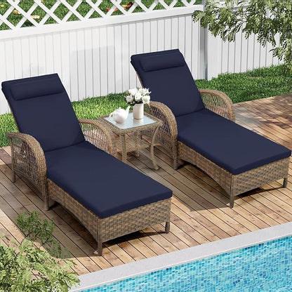 3 Piece Patio Chaise Lounge Set, Outdoor Patio Furniture Modern Lounge Chairs Set of 2 with Side Table & 6-Position Adjustable Backrest, Durable PE Wicker, Weather Resistant Cushions, Navy Blue