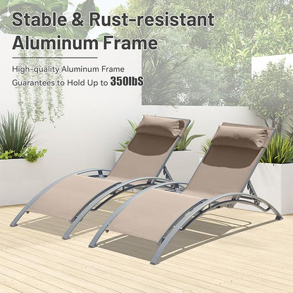 Outdoor Chaise Lounge Set of 3, Aluminum Patio Outdoor Lounge Chair for Beach Pool Sunbathing, Adjustable Lawn Lounger Recliner Chair Outside Tanning Chairs with Armrest, with Side Table, Khaki