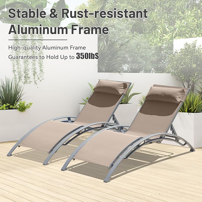 Outdoor Chaise Lounge Set of 2, Aluminum Patio Outdoor Lounge Chair for Beach Pool Sunbathing, Lawn Lounger Recliner Chair with 5 Adjustable Position, Outside Tanning Chairs with Armrest, Khaki