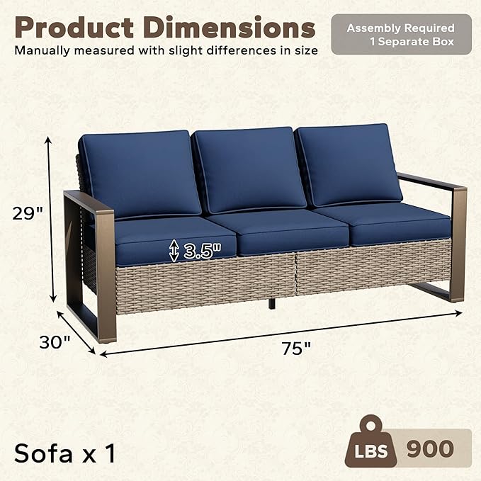 75" Patio Metal Wicker Sofa, All Weather Outdoor Rattan 3-Seat Sofa Couch with Premium Cushions & Rectangular Framed - Photo 2