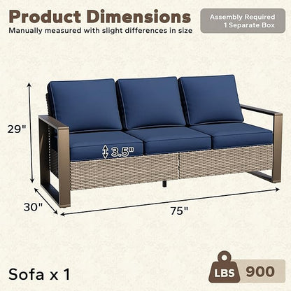 75" Patio Metal Wicker Sofa, All Weather Outdoor Rattan 3-Seat Sofa Couch with Premium Cushions & Rectangular Framed Wood-Looking Metal Armrest for Garden Backyard Porch Deck, Dark Blue