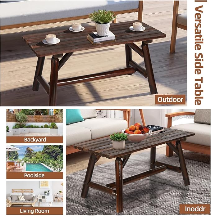 HOMEDIARY Outdoor Wood Rocking Bench Set, Patio Bistro Set-2 Person Rustic Adirondack Log Rocker with Side Table, Slatted Seat/High Backrest, Patio Rocking Furniture Set for Garden, Carbonized