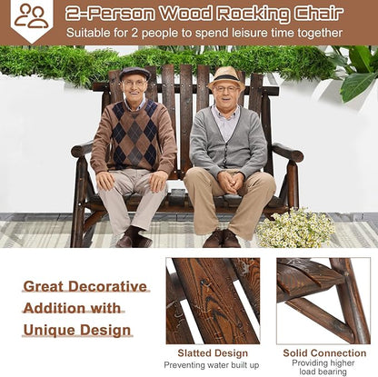 HOMEDIARY Outdoor Wood Rocking Bench, 2-Persons Rustic Adirondack Log Rocker with Slatted Seat, High Backrest/Armrests, Double Wooden Patio Porch Rocking Loveseat for Garden Backyard Porch, Carbonized