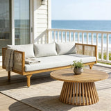 Merax Outdoor Acacia Wood Conversation Set - Patio 3-Seat Loveseat Sofa w/Coushion and Round Coffee Table for Backyard - Photo 1