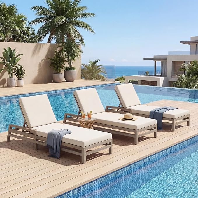 Outdoor Chaise Lounge Chair Set of 3, Patio Chaise Lounge Recliner with Adjustable Backrest, Acacia Wood Poolside Chaise Lounge with Thick All-Weather Cushions for Patio, Deck and Backyard(A)