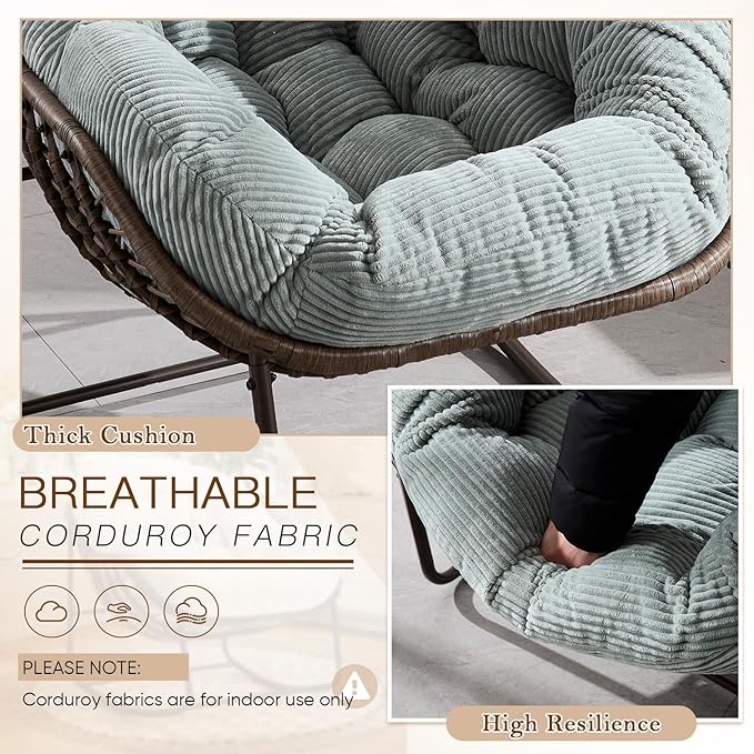 Large Indoor Rocking Chair Set of 2, Oversized Rocking Papasan Chair with Thick Cushion and Frame,Comfy Corduroy Rocker Wicker Egg Chairs Lounge Reading Chair for Living Room, Bedroom, Apartment,Green