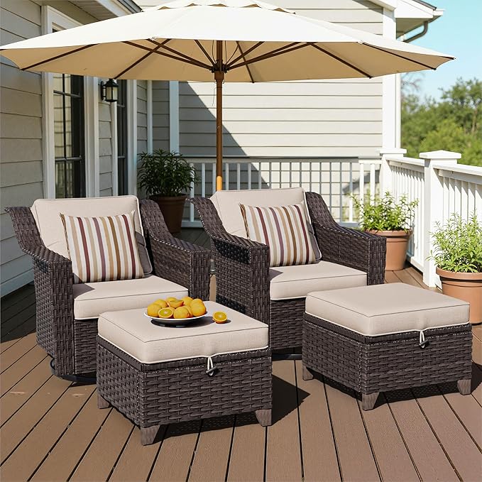 4 Pieces Patio Conversation Furniture Set - 2 Swivel Chairs, 2 Ottomans, Outdoor Wicker Furniture with Removable Cushions for Porch, Balcony, Sunroom (Beige)