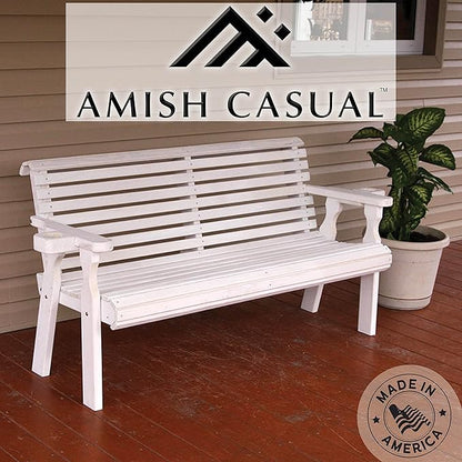 Amish Casual Heavy Duty Pressure Treated 5 Foot Outdoor Garden Bench with Cup Holders - Amish Crafted Roll Back Design in White Stain, 700 Lb Weight Capacity