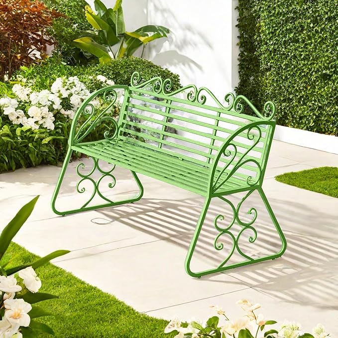 2-Seat Patio Porch Bench 45"，Outdoor Metal Garden Bench，Weather Proof Porch Path Chair，Patio Bench with Backrest and Armrests，Patio Bench for Lawn Path Yard Decor Deck Furniture(Green)