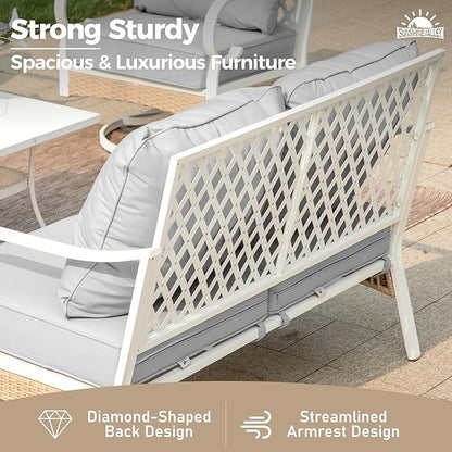 Metal Patio Furniture Loveseat with 5.75" Extra Thick Waterproof Cushion, 2-Seater Deep Seating & High-Back White Outdoor Couch All Weather Outdoor Seating for Gazebo Porch, Light Gray