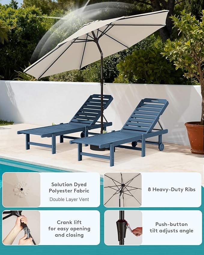 SERWALL Outdoor Chaise Lounge Set of 2 with 9FT Umbrella, HDPE Pool Lounge Chair with 5-Position Adjustable Backrest - Photo 5