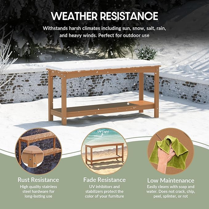 WestinTrends Malibu 55" Outdoor Patio HDPE Adirondack 2-Tier Shelf Console Table, Teak