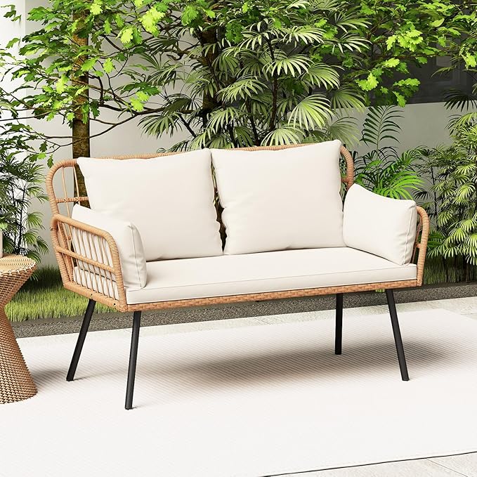 HAPPYGRILL Patio Loveseat Sofa Rattan Wicker 2-Seater Couch with Cushions & Lumbar Pillows, Metal Legs, Outdoor Furniture for Balcony, Porch, Deck (Off White)