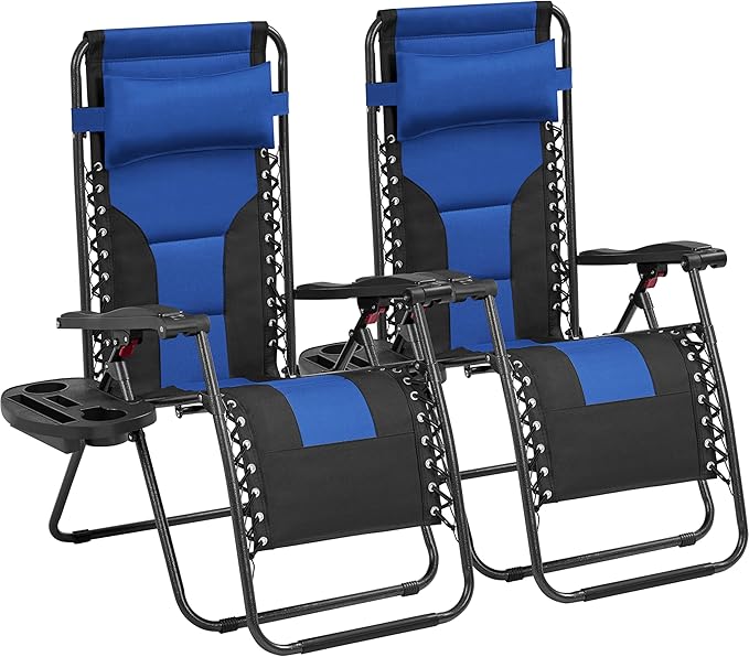 Yaheetech Padded Zero Gravity Recliner, Foldable Outdoor Patio Chairs, Adjustable Anti Gravity Lounger for Backyard Camping w/Carry Strap, Cup Holder, Pillow Navy Blue/Black Set of 2
