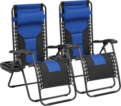 Yaheetech Padded Zero Gravity Recliner, Foldable Outdoor Patio Chairs, Adjustable Anti Gravity Lounger for Backyard Camping w/Carry Strap, Cup Holder, Pillow Navy Blue/Black Set of 2