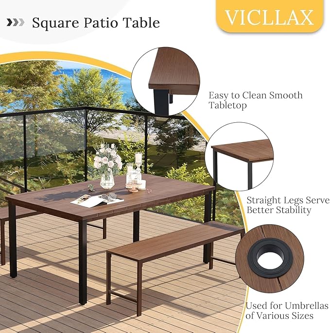 VICLLAX 63" Rectangle Outdoor Dining Table for 6, Patio Table with Umbrella Hole, All Weather Metal Patio Tables - Photo 5