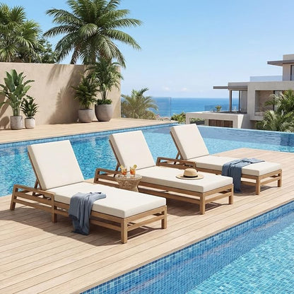 Outdoor Chaise Lounge Chair Set of 3, Patio Chaise Lounge Recliner with Adjustable Backrest, Acacia Wood Poolside Chaise Lounge with Thick All-Weather Cushions for Patio, Deck and Backyard(A)