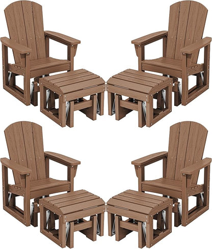 SERWALL Outdoor Glider Chair Set of 4 with Ottoman, HDPE Wood-Like Patio Glider Set All-Weather Porch Glider for Outside, Brown
