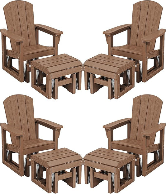 SERWALL Outdoor Glider Chair Set of 4 with Ottoman, HDPE Wood-Like Patio Glider Set All-Weather Porch Glider for Outside, Brown