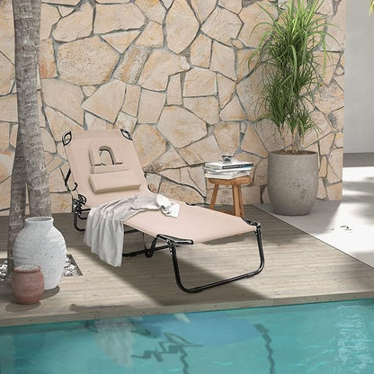 HAPPYGRILL 2PCS Foldable Chaise Lounge Chair with Face Hole & Detachable Pillows, Portable Sunbathing Tanning Chair with 5 Adjustable Positions, Outdoor & Indoor Beach Recliner for Camping Patio