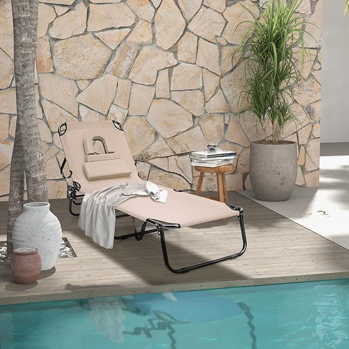 HAPPYGRILL Foldable Chaise Lounge Chair with Face Hole & Detachable Pillows - Photo 2