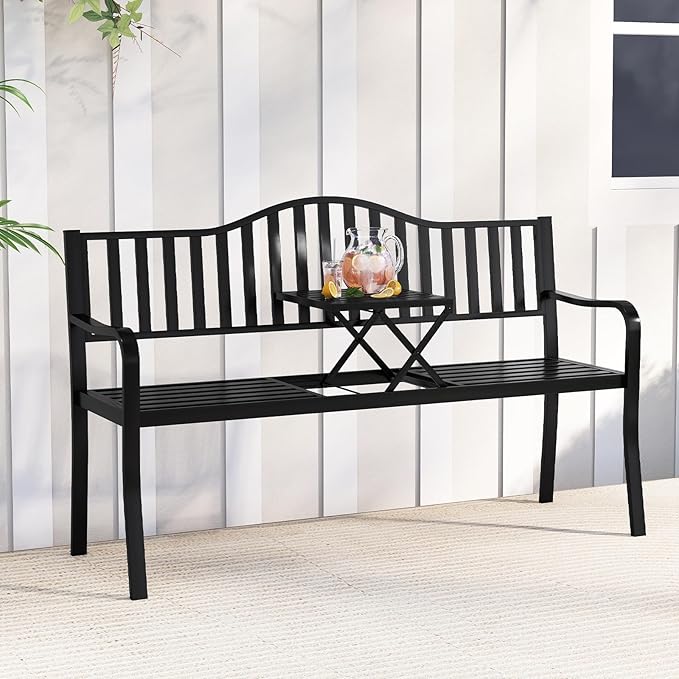 Tangkula 60” Metal Outdoor Garden Park Bench, Heavy-Duty Patio Loveseat Armchair with Pull-Out Center Table, 2-3 Person Park-Style Chair for Backyard, Garden, Balcony, 660 lbs Max Load