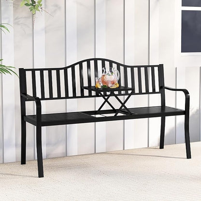 Tangkula 60” Metal Outdoor Garden Park Bench, Heavy-Duty Patio Loveseat Armchair with Pull-Out Center Table, 2-3 Person Park-Style Chair for Backyard, Garden, Balcony, 660 lbs Max Load