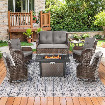 Patio Loveseat Glider Set, Resin Wicker Loveseat Glider with 4 Swivel Patio Chiars Rectangular Firepit Table, 7 Piece Patio Conversation Loveseat Set, Brown Wicker|Grey Cushions