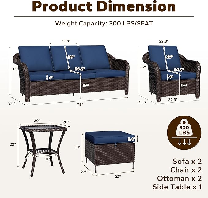 7 Piece Patio Wicker Conversation Set, 2 All-Weather Use Outdoor Wicker Sofa with 2 PE Rattan Ottomans, 2 Chair - Photo 2