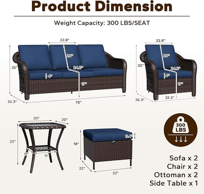 7 Piece Patio Wicker Conversation Set, 2 All-Weather Use Outdoor Wicker Sofa with 2 PE Rattan Ottomans,2 Chair, 1 Side Table, Ideal for Porch, Backyard, Balcony, Poolside, Beige
