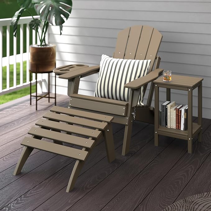 Adirondack Ottoman Set of 2, Folding Adirondack Ottoman for Adirondack Chair, HDPE All Weather Outdoor Footstool for Patio, Backyard, Porch, Garden, Brown