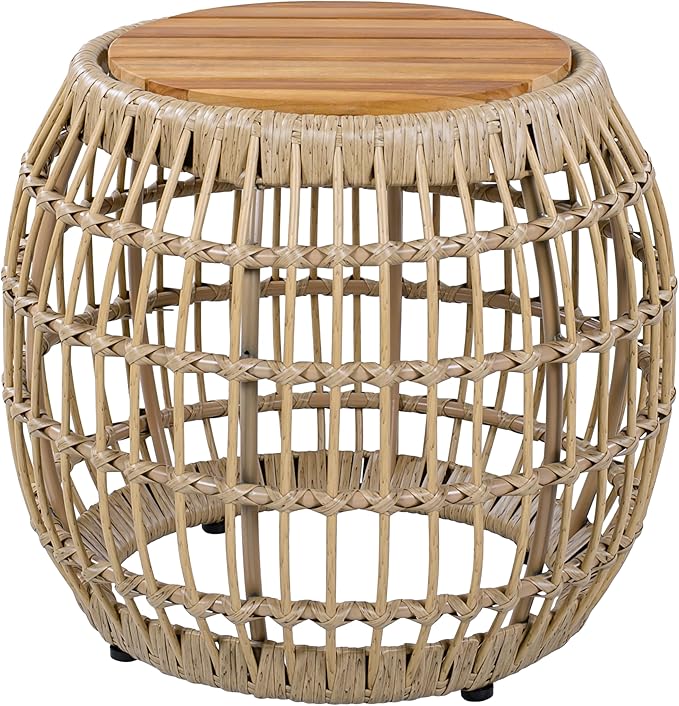 Merax Bohemian Round Outdoor Side Table with Acacia Wood Top and Wicker Base, Boho Rattan Coffee Table for Garden, Pool, Deck, Balcony, Yard, Patio, Light Brown