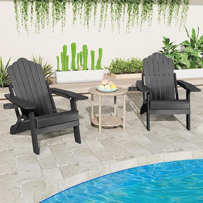 Giantex Folding Adirondack Chair, All-Weather Lounge Chair with Adjustable Backrest, Retractable Ottoman, Cup Holder, HIPS Fire Pit Chair for Lawn, Pool, Patio, Porch (1, Black)
