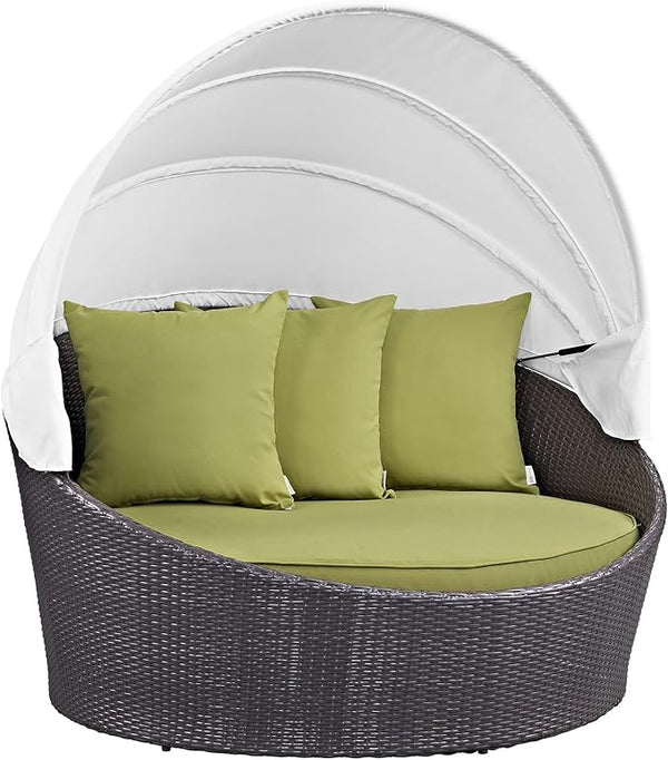Modway Convene Wicker Rattan Outdoor Patio Retractable Canopy Round Poolside Sofa Daybed in Espresso Peridot - Photo 1