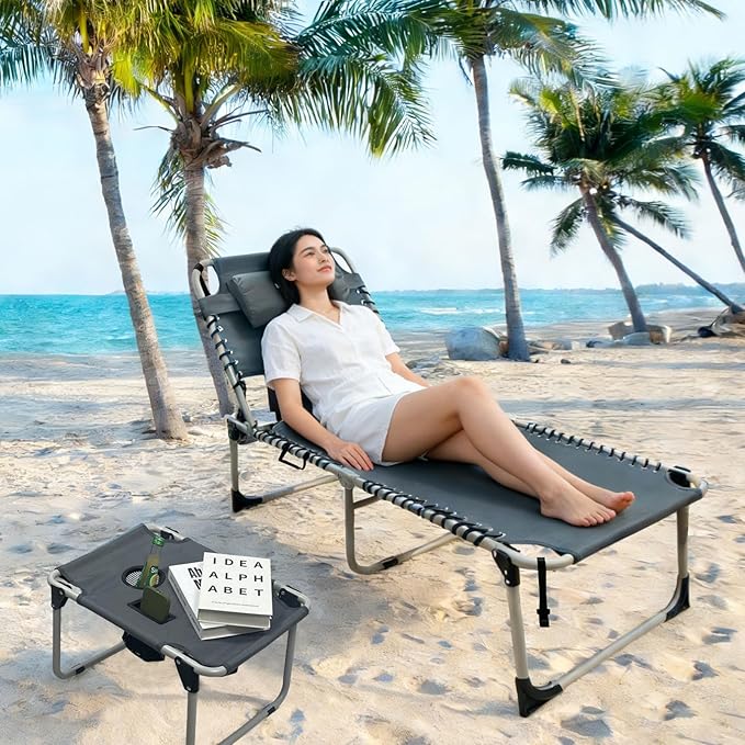 Backpack Sun Tanning Chair with Face Hole & Beach Table, 5-Position Adjustable Folding Lounge Chair Outdoor for Lawn Patio Garden