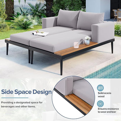 SOFTSEA Outdoor Daybed Patio Metal Frame Daybed with Wood Side Tables, 2-in-1 Convertible Chaise Lounges, Outdoor Loveseat Sofa Set with Cushions for Backyard, Poolside, Grey Natural