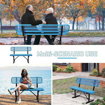 4FT/48INCH Heavy Duty Metal Park Bench for Outside, Outdoor Garden Benches with Backrest & Portable Frame, Expanded Metal Mesh Bench for Shopping Malls, Lawn, Park, Deck, Patio, Porch, Blue
