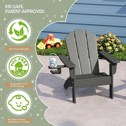 WestinTrends Malibu 3-Piece Kids HDPE Adirondack Chairs Set with Square Side Table and Cup Holders, Gray
