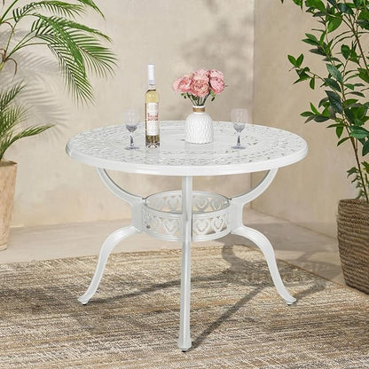 VIVIJASON 38.5" Patio Bistro Table Outdoor Dining Round Table White Cast Aluminum Table with Umbrella Hole