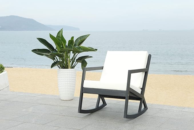 Safavieh PAT7013F Outdoor Collection Vernon White Rocking Chair, Black/Beige